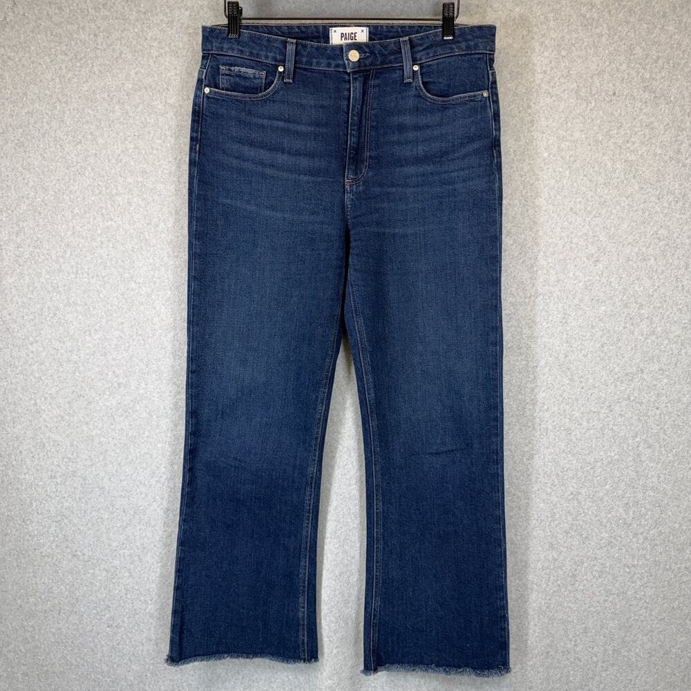 PAIGE Jeans Womens 10 Dark Wash Blue High Rise Raw Hem Straight Leg Leenah Ankle